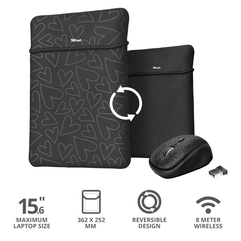 Dwustronny pokrowiec Yvo na laptopy 15,6 "z myszką bezprzewodową - czarne serca Dwustronny pokrowiec Yvo na laptopy 15,6 "z myszką bezprzewodową - czarne serca