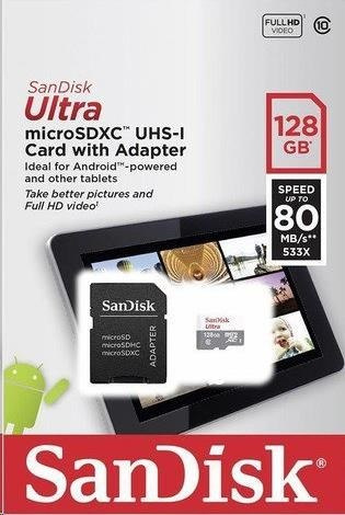 SanDisk MicroSDXC karta 128GB Ultra 80MB/s, Class 10 + Adapter SanDisk MicroSDXC karta 128GB Ultra 80MB/s, Class 10 + Adapter