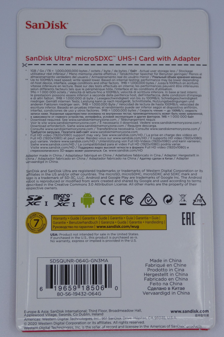 Karta pamięci microSD (SDXC) SanDisk SDSQUNR-064G-GN3MA 64 GB Karta pamięci microSD (SDXC) SanDisk SDSQUNR-064G-GN3MA 64 GB