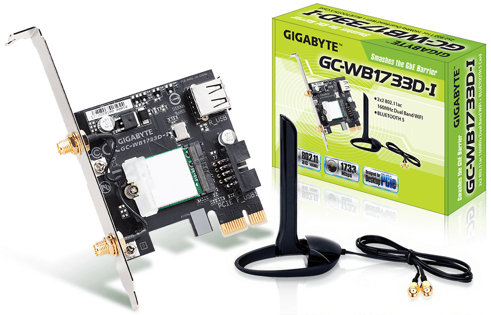 GIGABYTE GC-WB1733D-I, WiFi 802.11ac, Bluetooth 5, PCIe, Dual Band, 1734 Mbps GIGABYTE GC-WB1733D-I, WiFi 802.11ac, Bluetooth 5, PCIe, Dual Band, 1734 Mbps