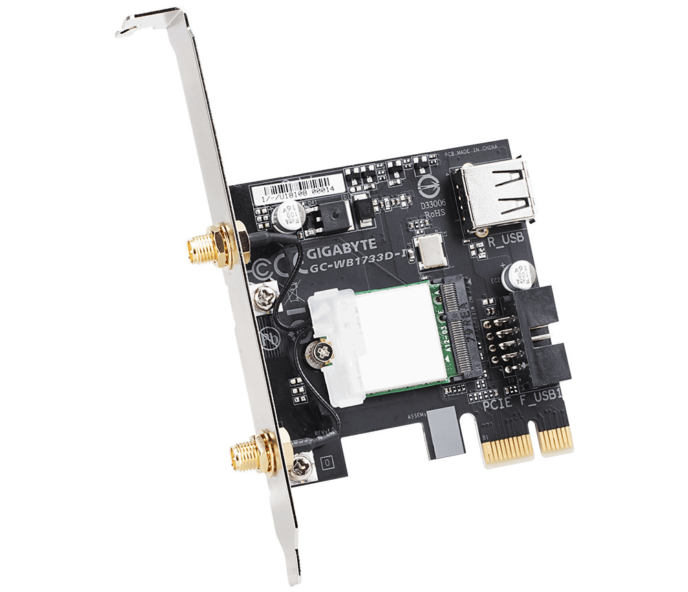 GIGABYTE GC-WB1733D-I, WiFi 802.11ac, Bluetooth 5, PCIe, Dual Band, 1734 Mbps GIGABYTE GC-WB1733D-I, WiFi 802.11ac, Bluetooth 5, PCIe, Dual Band, 1734 Mbps