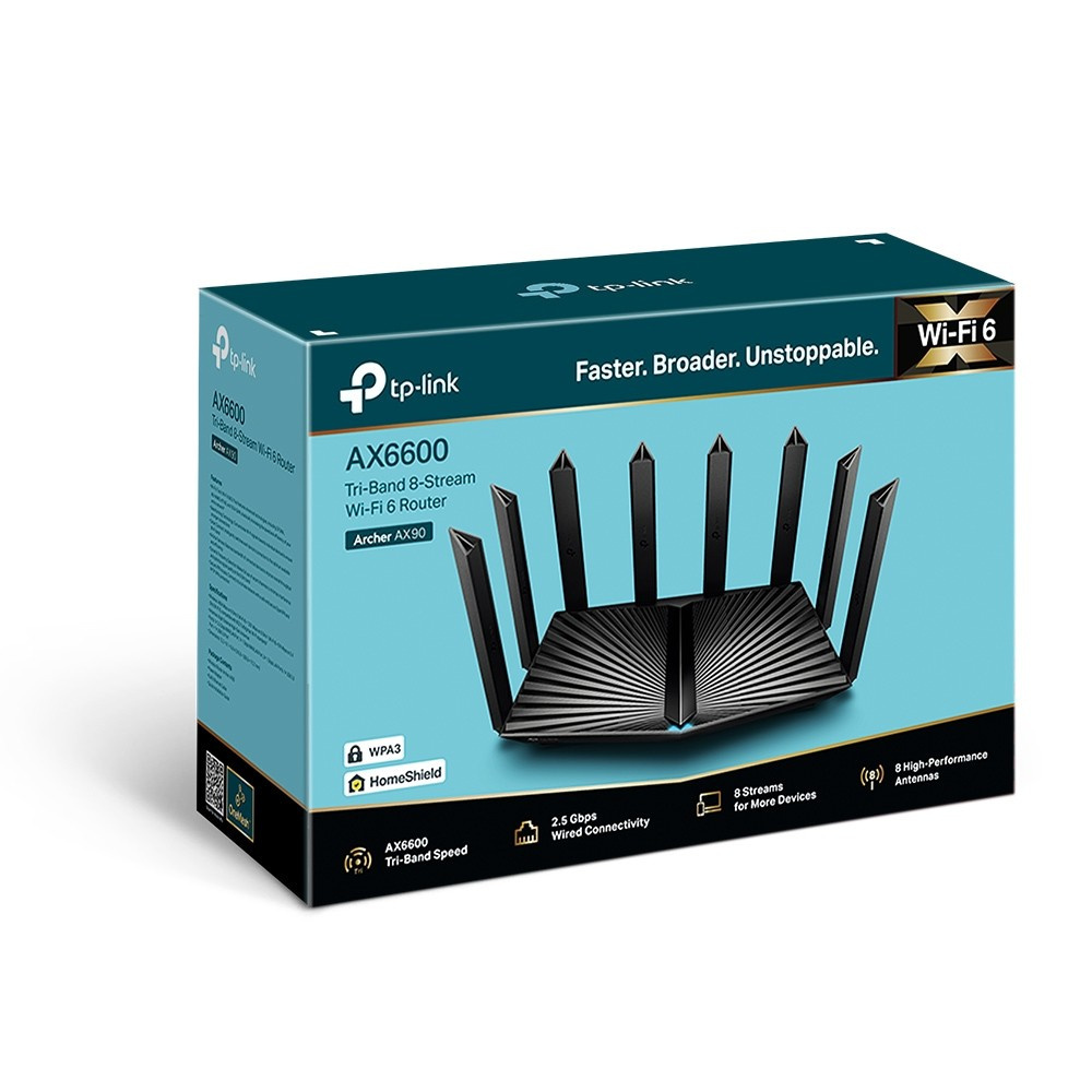 Archer AX90 AX6600 Tri-Band Wi-Fi 6 RouterSPEED: 574 Mbps at 2.4 GHz + 1201 Mbps at 5 GHz_1 + 4804 Mbps at 5 GHz_2SPEC: 8× Ant Archer AX90 AX6600 Tri-Band Wi-Fi 6 RouterSPEED: 574 Mbps at 2.4 GHz + 1201 Mbps at 5 GHz_1 + 4804 Mbps at 5 GHz_2SPEC: 8× Ant