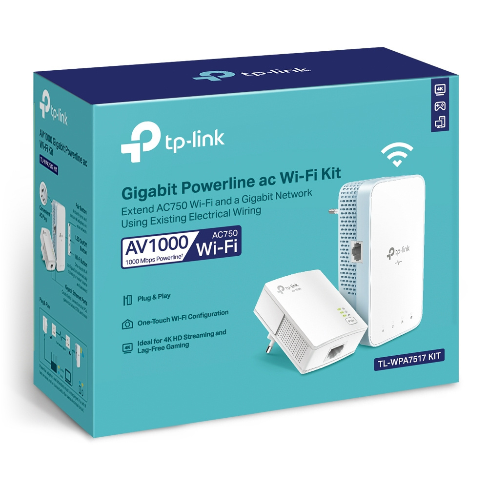 TL-WPA7517 KIT AV1000 Gigabit Powerline AC750 Wi-Fi KitKIT: 1× TL-WPA7517 + 1× TL-PA7017TL-WPA7517:SPEED: 300 Mbps at 2.4 GHz +
