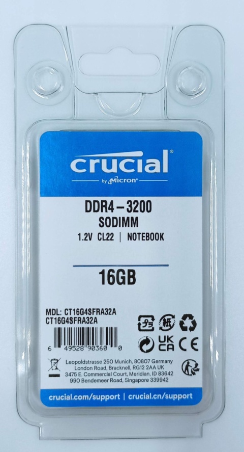 Crucial pamięć 16GB DDR4-3200 SODIMM PC4-25600 CL22 1.2V CT16G4SFRA32A Crucial pamięć 16GB DDR4-3200 SODIMM PC4-25600 CL22 1.2V CT16G4SFRA32A