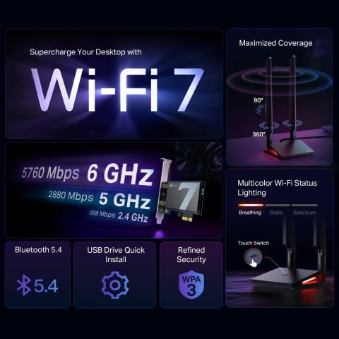 Karta Wi-Fi TP-Link Archer TBE550E Wi-Fi 7 Bluetooth PCI-E Tri-Band Karta Wi-Fi TP-Link Archer TBE550E Wi-Fi 7 Bluetooth PCI-E Tri-Band