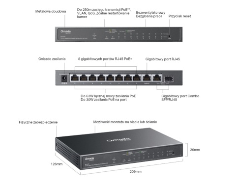 Przełącznik TP-LINK Omada Easy Managed ES210GP 9x1G RJ45 w tym 8 POE+ 1SFP